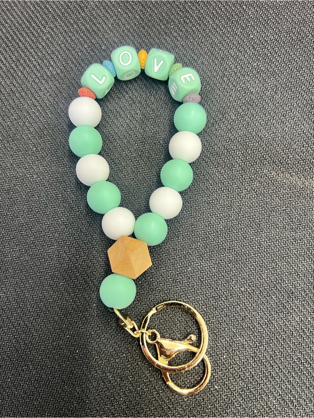 Handmade LOVE Mint & White Beaded Keychain Wristlet
